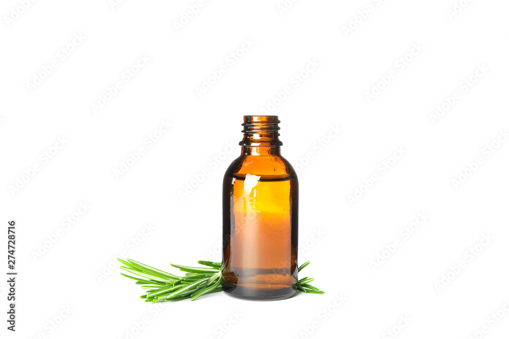 Rosemary oil in jar isolated on white background Rosemary oil in jar isolated on white background