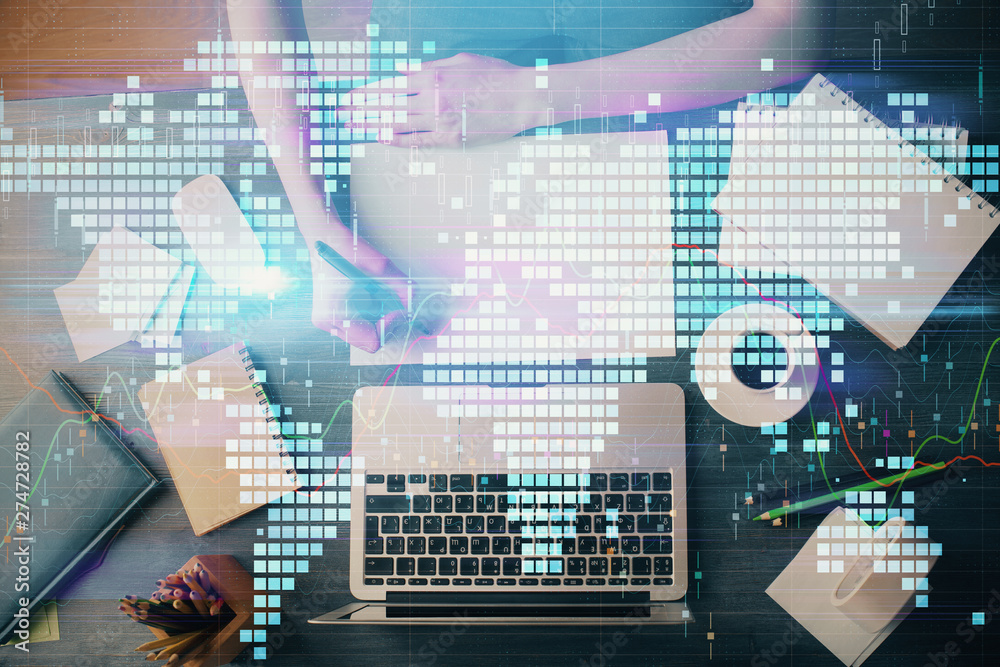 International business hud over woman's hands writing background. Concept of hard work. Double exposure International business hud over woman's hands writing background. Concept of hard work. Double exposure