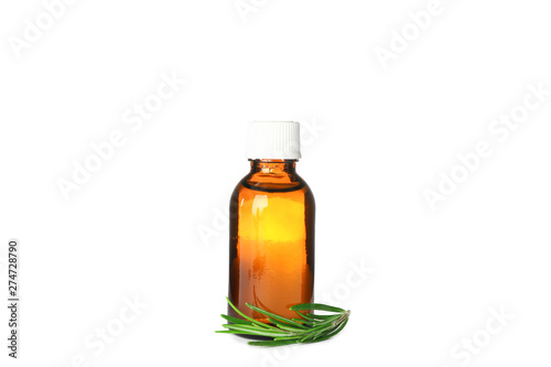 Rosemary oil in jar isolated on white background