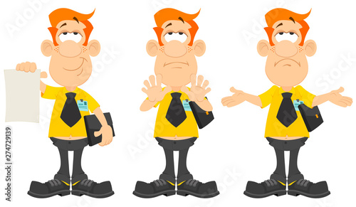 Public servant, tax inspector,insurance or advertising agent. Red-haired guy in a business tie with a briefcase presents an official document. Gesture stop, calm down. Gesture sorry, bad luck. A set o