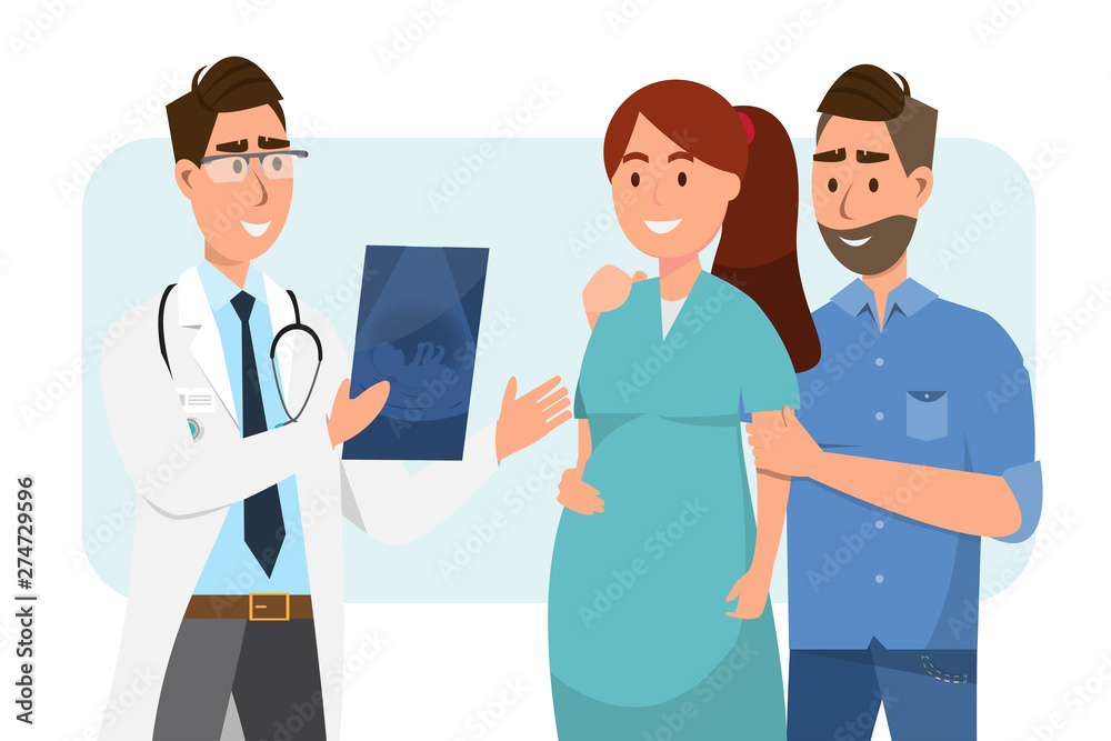 Doctor showing ultrasound sheet to pregnant woman and her husband at the hospital.
