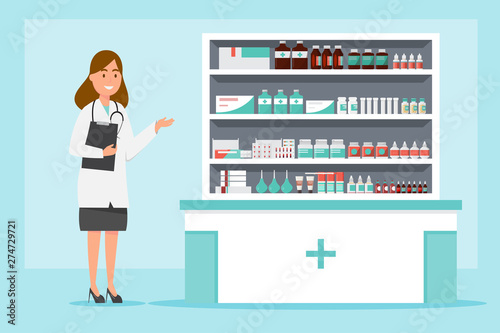 pharmacy with pharmacist and client in counter
