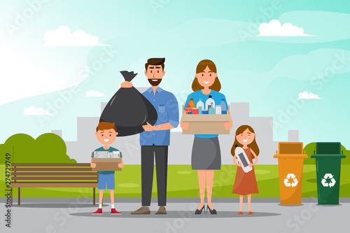 family clean and collect garbage at tha park.