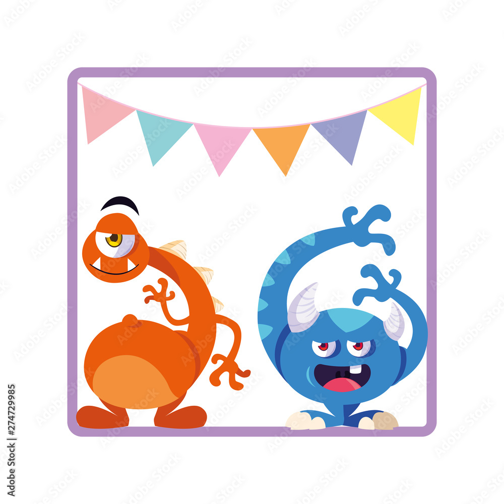 square frame with funny monsters and garlands hanging