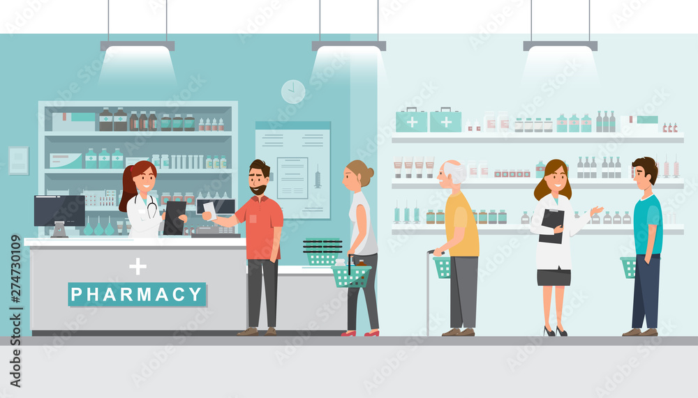 pharmacy with pharmacist and client in counter - obrazy, fototapety, plakaty 