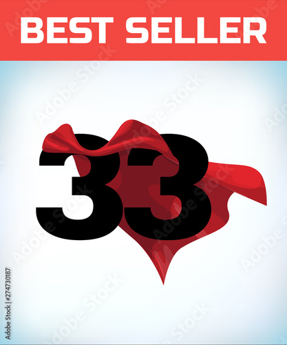 thirty three in red hero cape. Super cloak. Super power. Power concept. Leadership sign. Superhero symbol