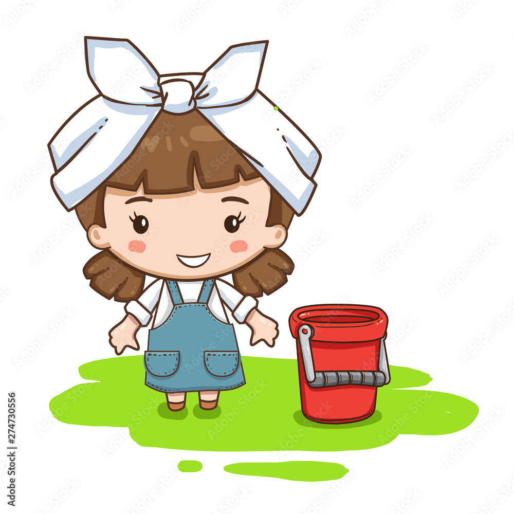 Vector illustration of cute chibi character isolated on white background. Cartoon  cleaning service girl in formal clothes and headscarf. Stock Vector | Adobe  Stock