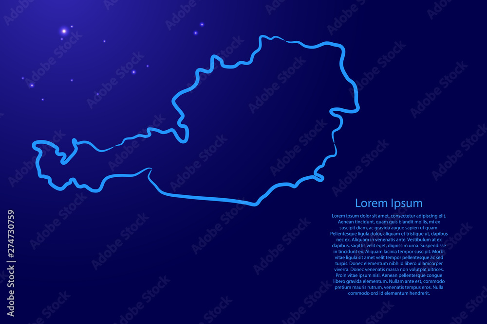 Austria map from the contour blue brush lines different thickness and glowing stars on dark background. Vector illustration.