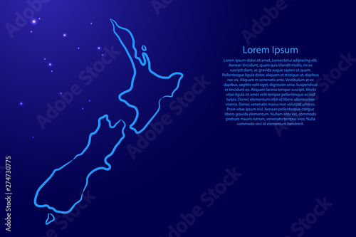 New Zealand map from the contour blue brush lines different thickness and glowing stars on dark background. Vector illustration.