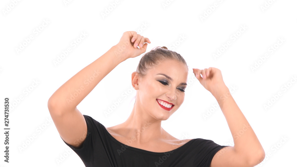 Holiday concept. Women are dancing joyfully on a white background. Holiday concept. Women are dancing joyfully on a white background.
