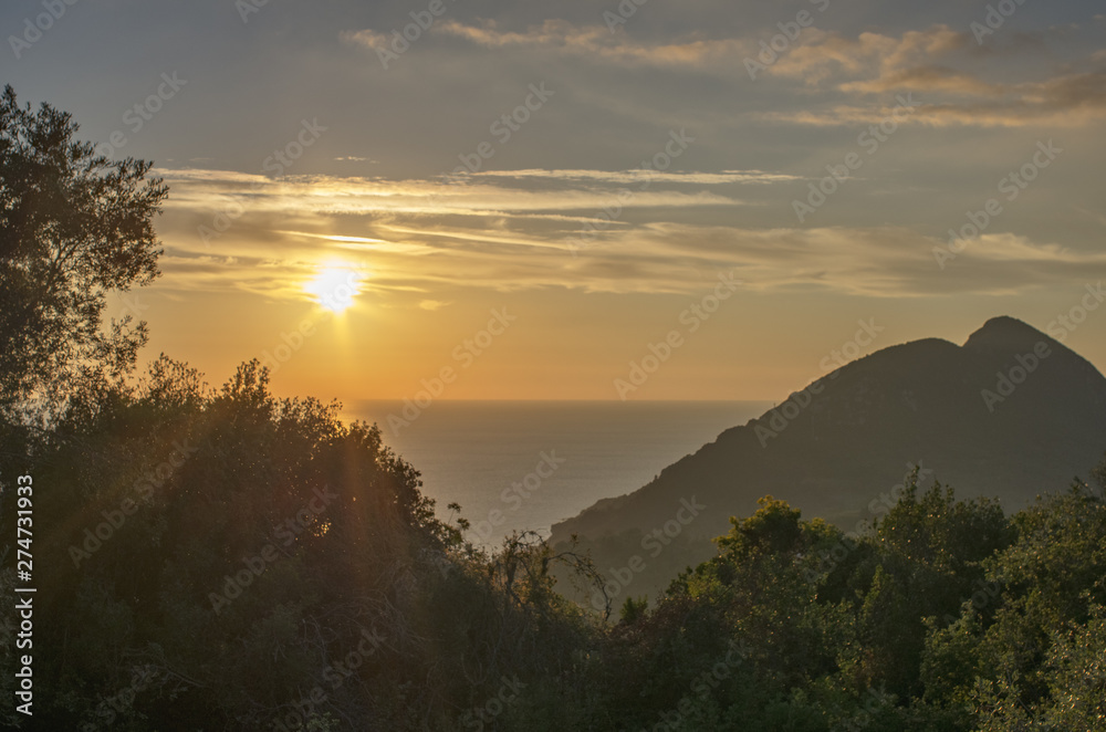 Naklejka premium Sunset in mountains on sea coast. Summer evening landscape