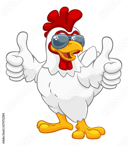 A chicken rooster cockerel bird cartoon character in cool shades or sunglasses giving a double thumbs up