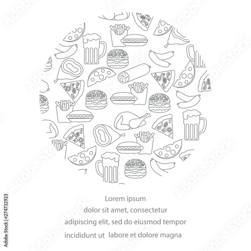 Beer, different types of food and fast food.