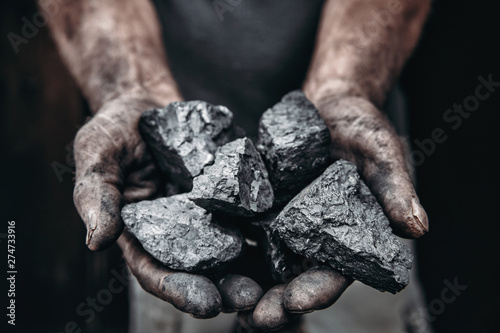 Vászonkép Miner holds coal palm. Concept mining. Top view.