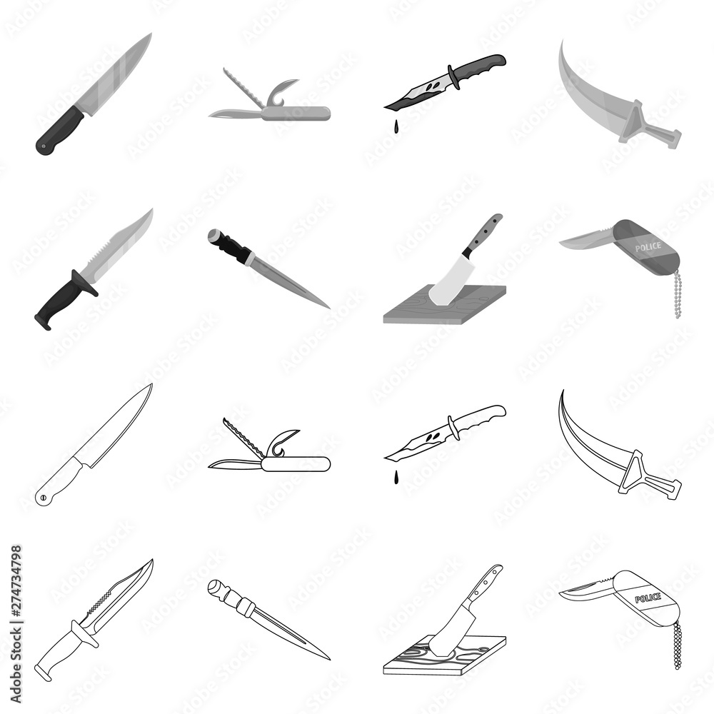 Vector illustration of knife and cut sign. Collection of knife and flat stock symbol for web. Vector illustration of knife and cut sign. Collection of knife and flat stock symbol for web.
