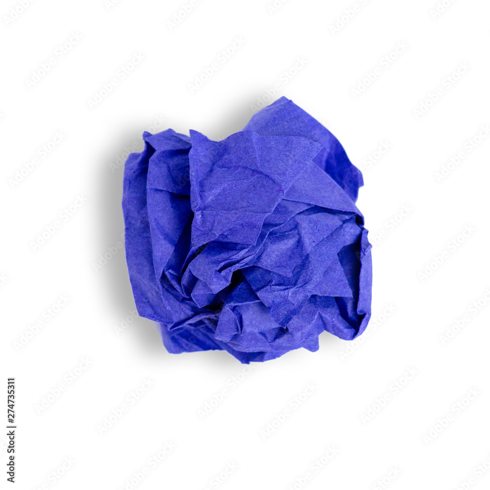 crumpled blue paper ball on white background isolation