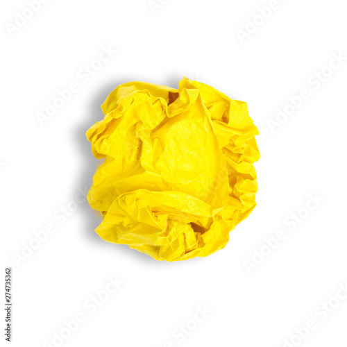 crumpled yellow orange paper ball on white background isolation