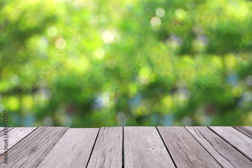 Wooden old plank with blurred greenery background.