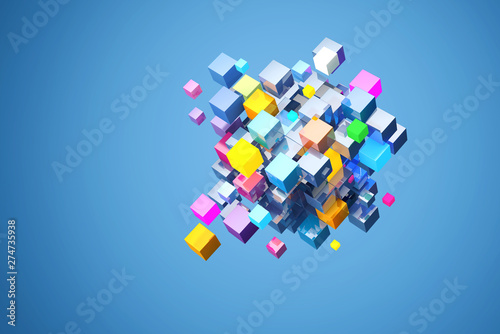 3D rendering abstract block of color cubes, on blue background. File contains a path to isolation cubes.