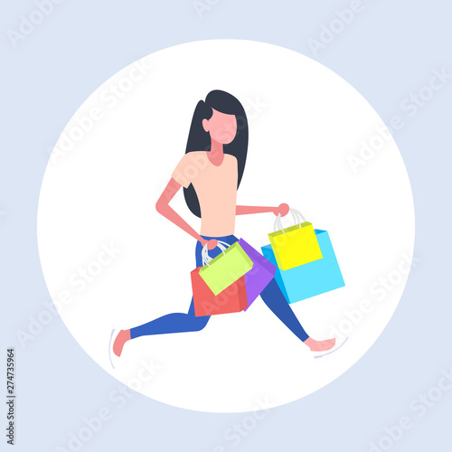 woman carrying colorful paper bags girl holding purchases big sale shopping concept flat full length
