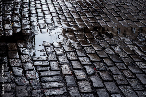 view of Grungy cobblestone street with puddles, New York City