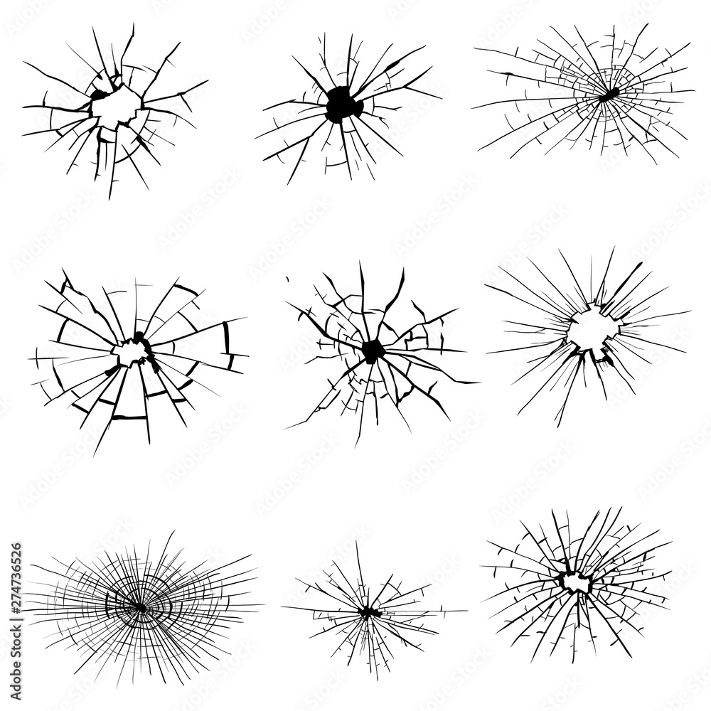Broken glass, cracks, bullet marks on glass. High resolution. Vector illustration. Texture glass with black hole on white background