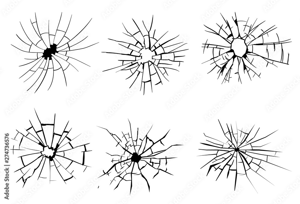 Broken glass, cracks, bullet marks on glass. High resolution. Vector illustration. Texture glass with black hole on white background