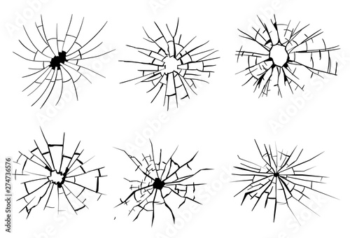 Broken glass  cracks  bullet marks on glass. High resolution. Vector illustration. Texture glass with black hole on white background
