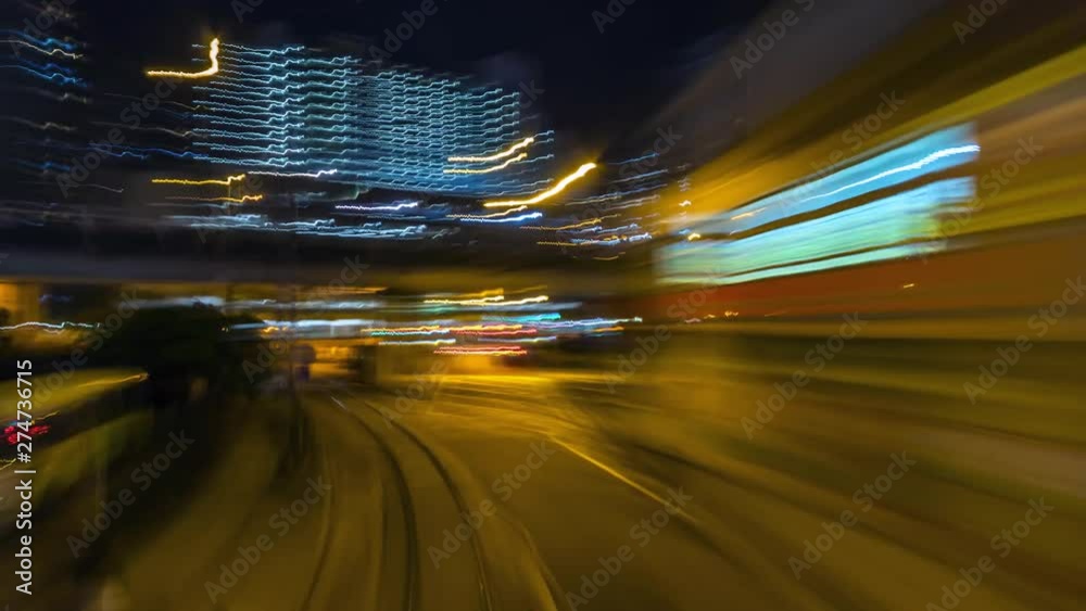 4K.Time lapse Tram fast speed at night  at hong kong city china