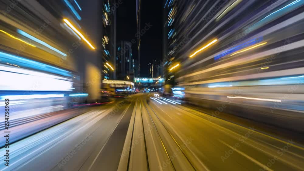 4K.Time lapse Tram fast speed at night  at hong kong city china