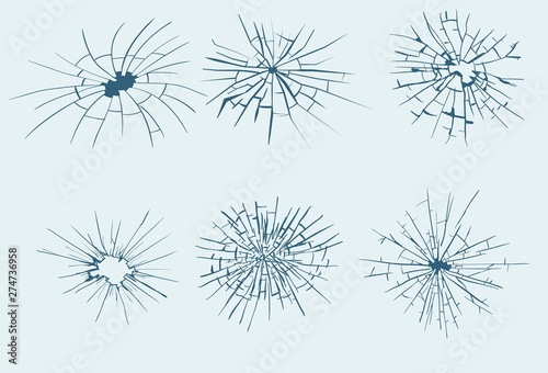 Broken glass, cracks, bullet marks on glass. High resolution. Vector illustration. Texture glass with black hole on cian background