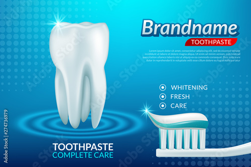 Whitening toothpaste ads, sparkling white tooth with mint leaves and bubbles isolated on blue background in 3d illustration