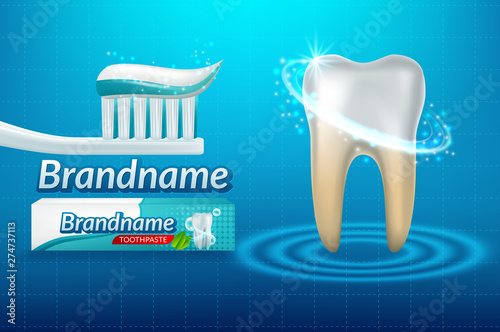 Whitening toothpaste ads, sparkling white tooth with mint leaves and bubbles isolated on blue background in 3d illustration