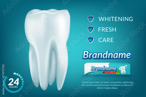 Whitening toothpaste ads, sparkling white tooth with mint leaves and bubbles isolated on blue background in 3d illustration