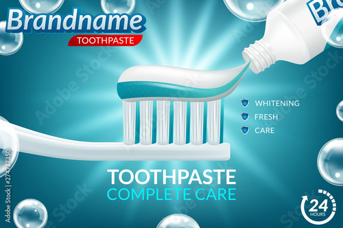 Whitening toothpaste ads, sparkling white tooth with mint leaves and bubbles isolated on blue background in 3d illustration