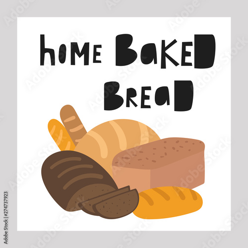Cute hand drawn doodle bread set including white bread, french baguette, pretzel, slices of bread. Illustrations for bakery