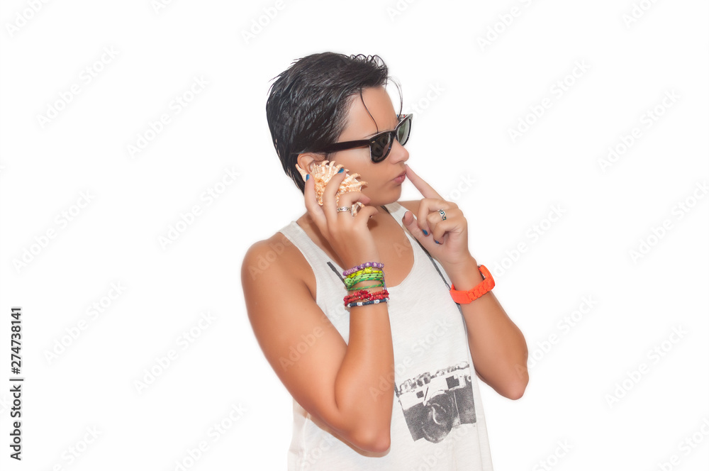 Interesting young girl on white background Interesting young girl on white background
