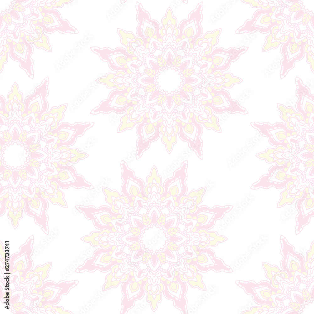 Colorful hand drawn mandala seamless pattern on white background. Round hand drawn asian ornamental doodle flowers. Vector illustration.