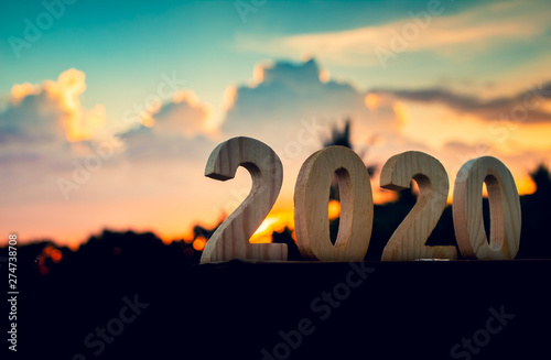  2020 Happy New Year of wooden number with sky and cloud twilight beautiful nature