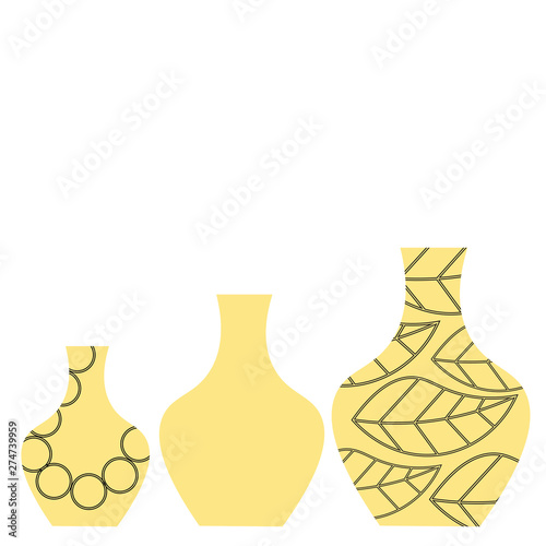 Set of ceramic vases standing in a row isolated on white backround. Card with empty space. Vase with a floral pattern. Vase without pattern. Vase with a pattern of circles. 