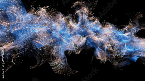 Particle trail background. Magic sparkle trail effect. Shimmering waves with light effect isolated on black background. Lines swirl effect. Abstract motion.