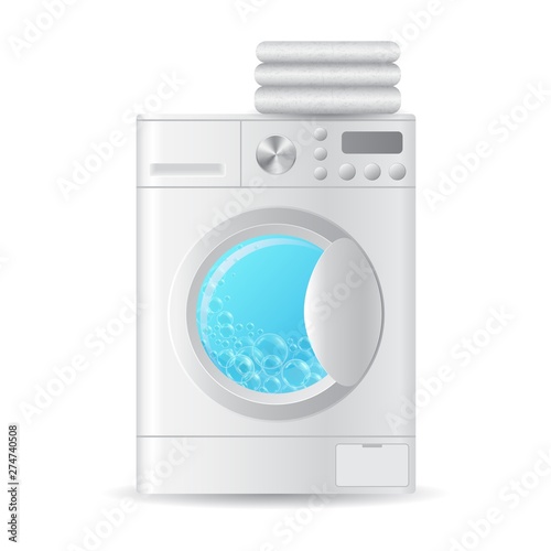 Vector realistic automatic front-loading washing-machine with pile of towels isolated on white backgroung. 3D illustration.