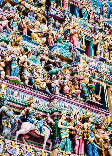 SINGAPORE, SINGAPORE - MARCH 2019: Intricate Hindu art and deity carvings on the facade of Sri Veeramakaliamman Temple in Little India, Singapore.