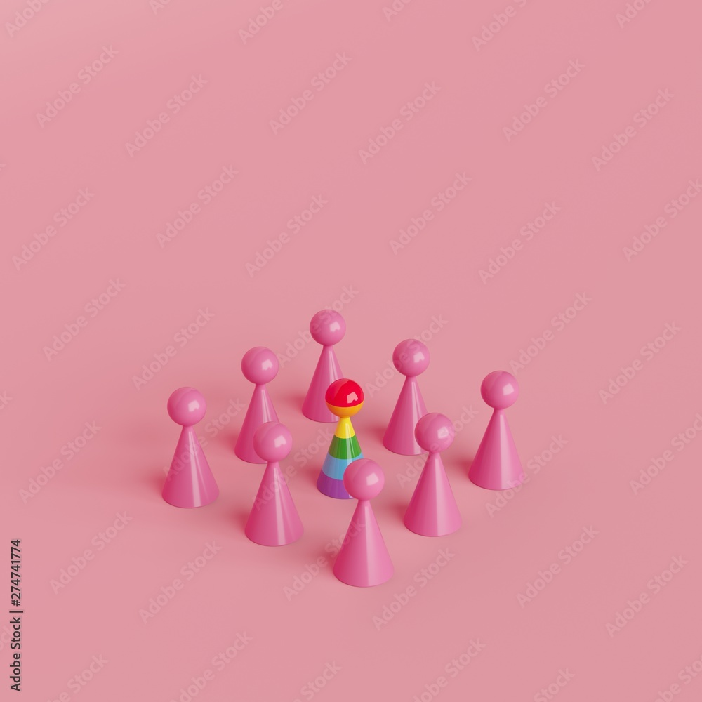 Minimal creative concept human symbol, outstanding rainbow color object with pink color object on pink background, 3d rendering Minimal creative concept human symbol, outstanding rainbow color object with pink color object on pink background, 3d rendering