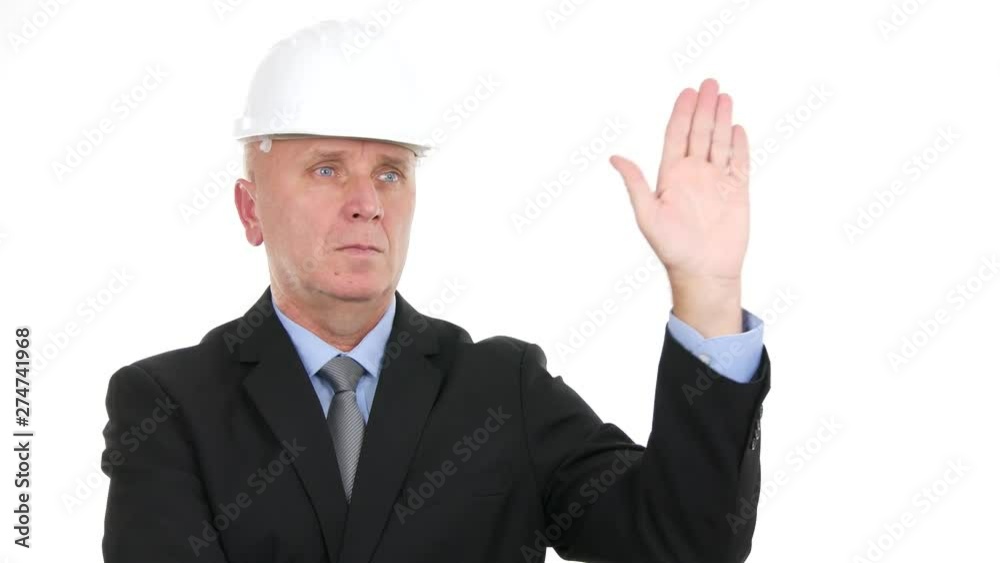 Manager Wearing Helmet Make Hello Hand Gestures in a Business Presentation Manager Wearing Helmet Make Hello Hand Gestures in a Business Presentation