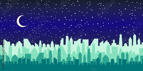 Modern City Skyline. Different buildings, skyscrapers, office center silhouette. Vector flat cartoon panorama. Architecture urban landscape
