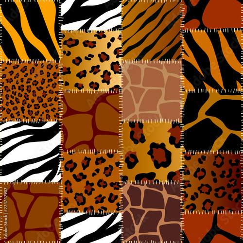 Seamless background pattern. Patchwork pattern of animal textures patches. Vector image