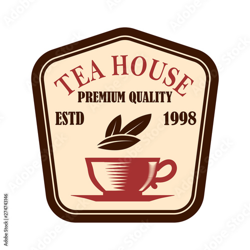 Tea shop emblem template. Design element for logo, label, sign, poster, flyer. Vector illustration