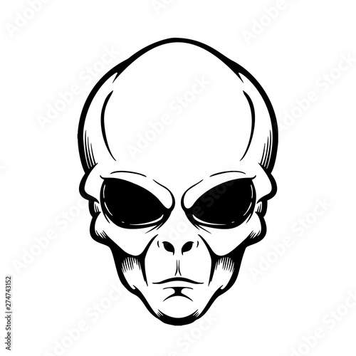 Illustration of alien head isolated on white. Design element for logo, label, sign, poster, flyer. Vector illustration