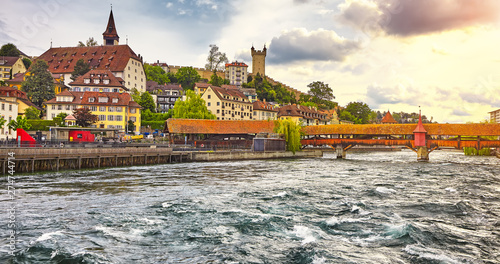 Lucerne, Switzerland - Famous wooden Chapel Bridge, oldest wooden covered bridge in Europe. Luzern